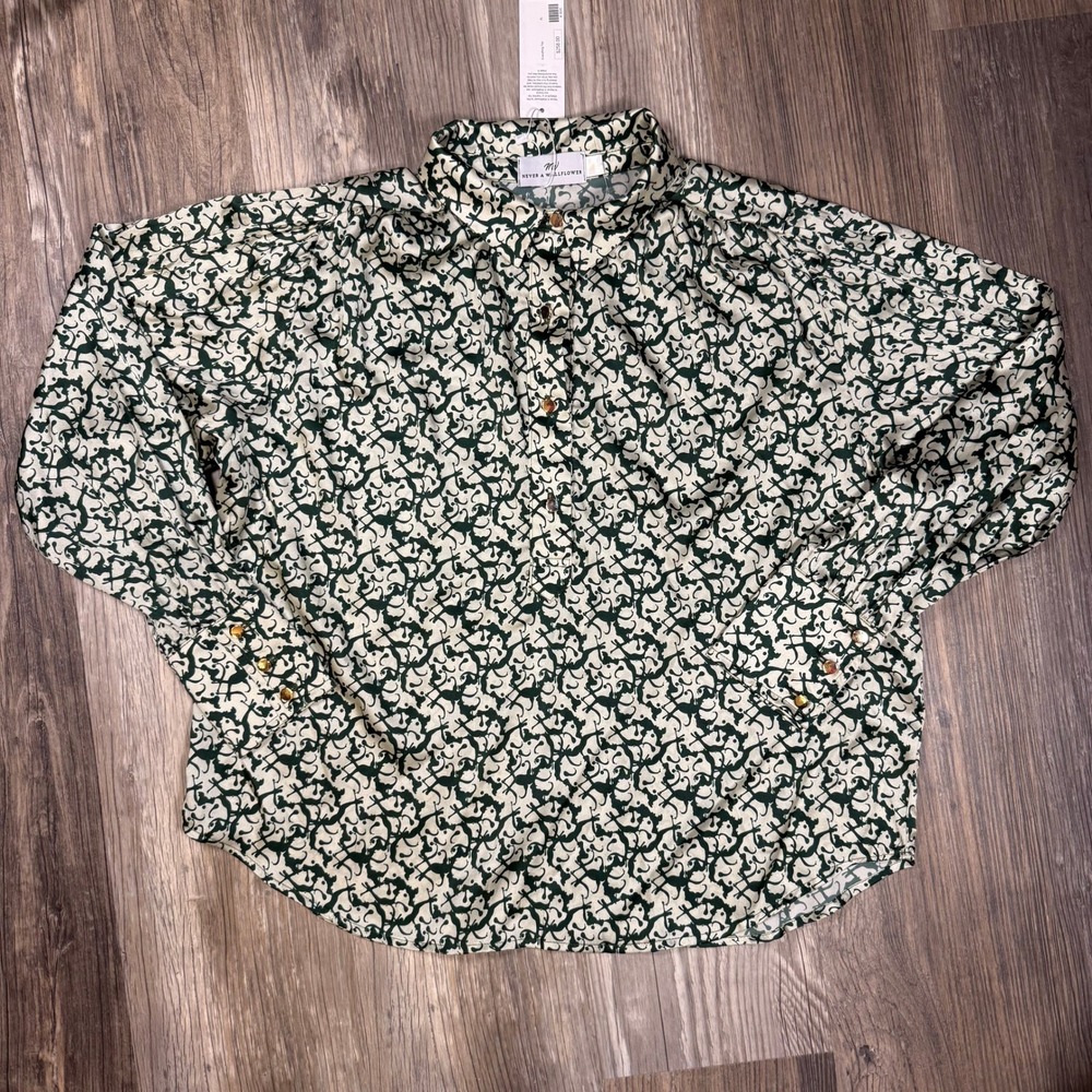 Quiet Luxury Old Money Green Silk Blend Scroll Print Button Blouse XL NWT